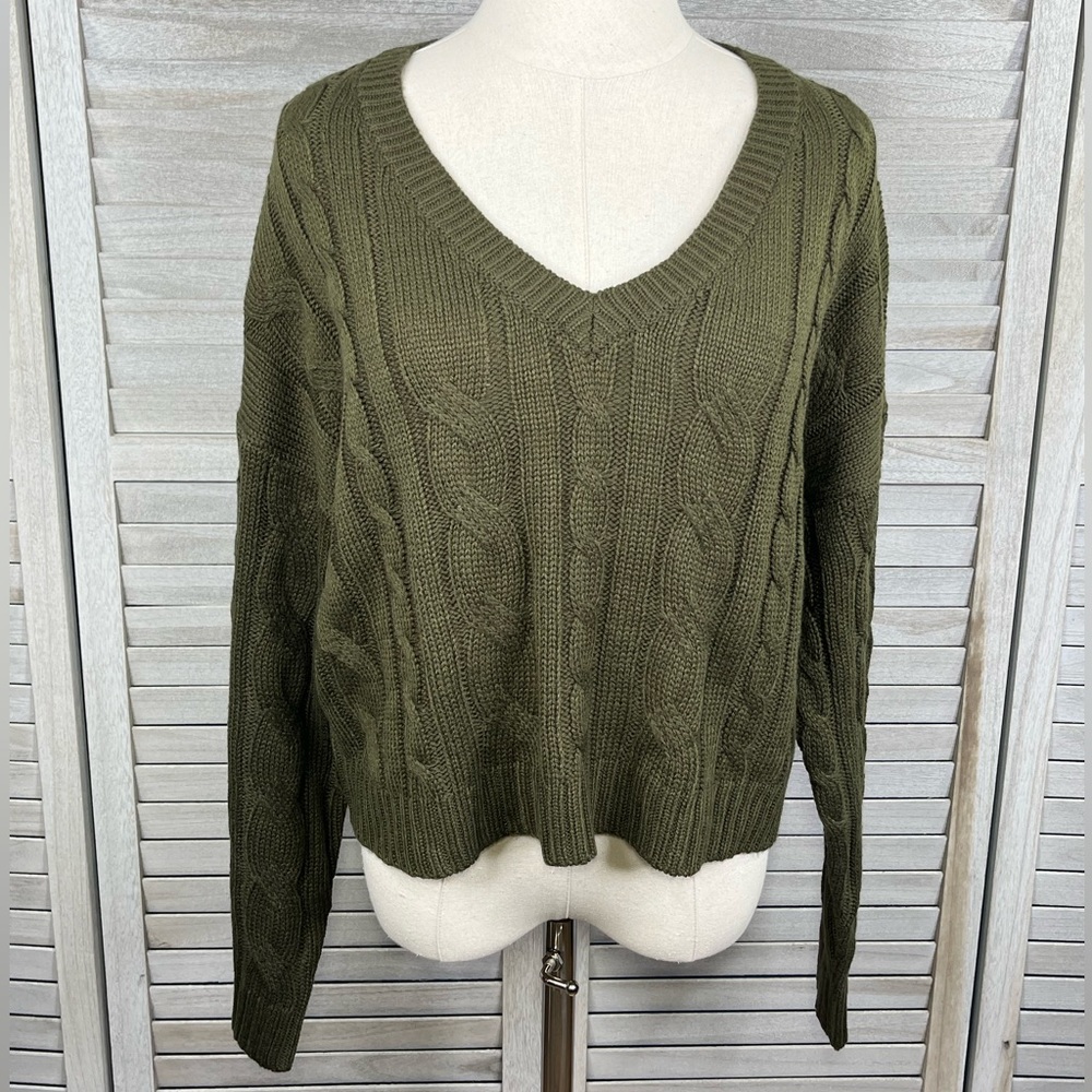 POOF APPAREL Cropped V Neck Cable Knit Sweater Olive Green-Large